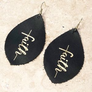 3” Black Leather Earrings with “Faith” Gold Cross